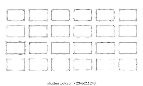 Set Abstract Black Collection Simple Line Rectangular Frame Doodle Outline Element Vector Design Style Sketch Isolated Illustration For Wedding And Banner