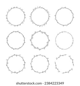 Establecer Una Colección De Color Negro Sencillo Círculo De Línea Redondo Con Hojas De Hojas Flores De Marco De Dibujo Elemento De Esquema De Diseño De Estilo Esbozo De Estilo Isolación Ilustración Para Boda Y Cartel