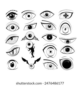 Set Abstract Black Collection Simple Line People Human Eye Doodle Outline Element Vector Design Style Sketch Isolated On White Background Illustration