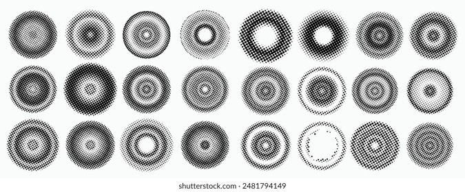 Set of abstract black color circle pattern halftone dots and gradient texture vector halftone background frame collection