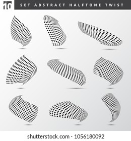 Set of abstract black color dots pattern halftone 3d twisted shapes on white background. Web and print design elements. Vector illustration