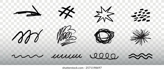 Set of abstract black doodles on transparent background. Doodles include lines, stars, and swirls. Perfect for creative designs and abstract art projects. Scribble elements vector set.