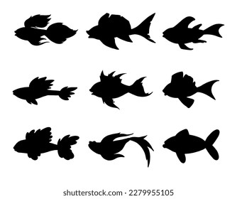 Set of abstract black fish silhouettes. Marine animals at depth. Vector illustration isolated on white background. Fish shape icons for design