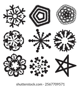 Set of abstract black geometric shapes in the form of flowers and pentagons. Isolated on white background.
