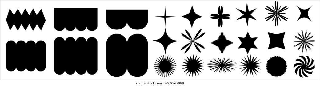 Set of abstract black geometric shapes and starburst icons for modern design and branding projects. Vector