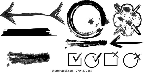 Conjunto de pinceladas Abstractas de tinta negra Grunge, círculos, flechas y marcas de verificación para el Diseño gráfico