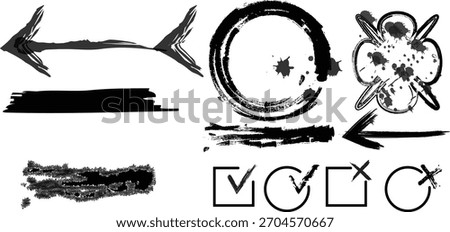 Set of Abstract Black Grunge Ink Brush Strokes, Circles, Arrows, and Check Marks for Graphic Design