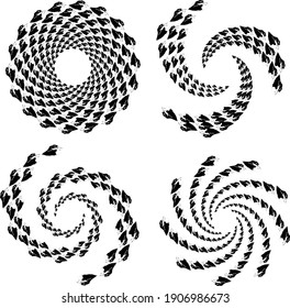  Conjunto de puntos de semitono negros abstractos. Paquetes negros en forma de vórtice. Arte geométrico. Elemento de diseño de moda.Líneas circulares y radiales volute, helix.Círculo segmentado con rotación 