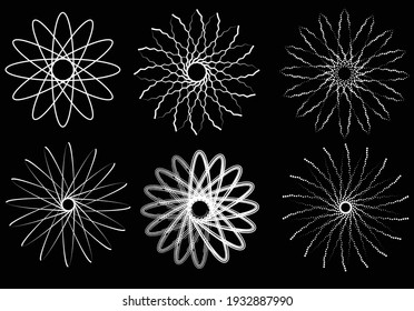 Set of abstract black halftone dots.Black halftone dots in vortex form. Geometric art. Trendy design element.Circular and radial lines volute, helix.Segmented circle with rotation