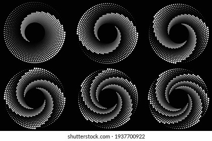 Set of abstract black halftone dots.Black halftone dots in vortex form. Geometric art. Trendy design element.Circular and radial lines volute, helix.Segmented circle with rotation 