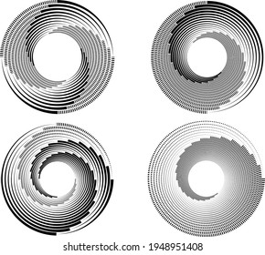 Set of abstract black halftone dots.Black halftone dots in vortex form. Geometric art. Trendy design element.Circular and radial lines volute, helix.Segmented circle with rotation