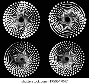  Conjunto de puntos de semitono negros abstractos. Paquetes negros en forma de vórtice. Arte geométrico. Elemento de diseño de moda.Líneas circulares y radiales volute, helix.Círculo segmentado con rotación