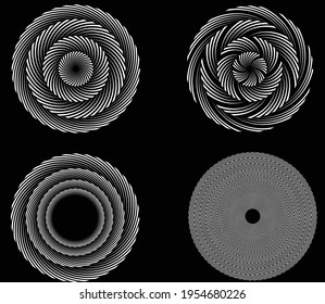 Conjunto de puntos de semitono negros abstractos. Paquetes negros en forma de vórtice. Arte geométrico. Elemento de diseño de moda.Líneas circulares y radiales volute, helix.Círculo segmentado con rotación