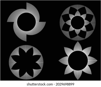 
Set of abstract black halftone dots.Black halftone dots in vortex form. Geometric art. Trendy design element.Circular and radial lines volute, helix.Segmented circle with rotation