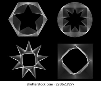 Set of abstract black halftone dots.Black halftone dots in vortex form. Geometric art. Trendy design element.Circular and radial lines volute, helix.Segmented circle with rotation