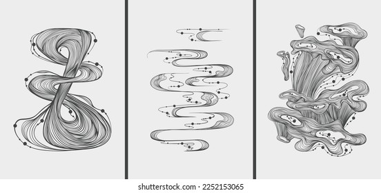 Set of abstract black hand drawn ink line illustrations on the light background. Can be used as a wall decoration, postcard, poster, brochure.