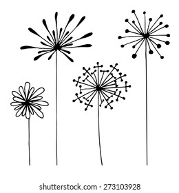 Set of abstract black hand drawn flowers in doodle style. Vector Illustration EPS10.