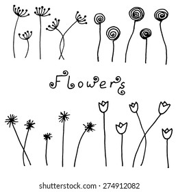 Set of abstract black hand drawn flowers in doodle style. Vector Illustration EPS10.
