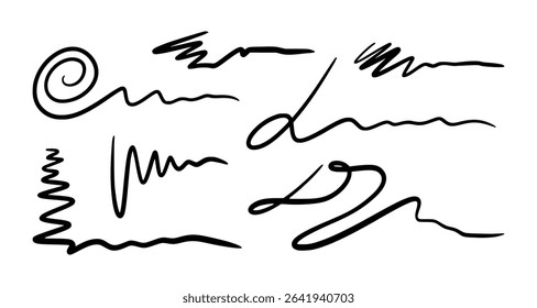 Set of abstract black hand-drawn lines and scribbles on white background. Doodle style design elements for highlights, text dividers, frames, or decorative purposes. Minimalist sketchy strokes