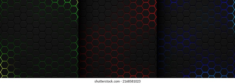 Set of abstract black hexagon pattern on neon light blue, Red and green background in technology style. Modern futuristic vector geometric shape. Can use for cover template, poster, flyer, print ad.