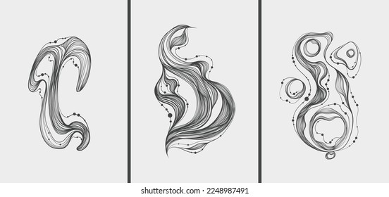 Set of abstract black ink line illustrations. Can be used as a template for a greeting or invitation card or for a social media background