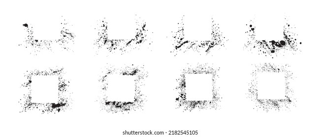 Set of abstract black ink sprayed on a white background. square design elements for copy space frame. the grunge paint brush collection for creative design.