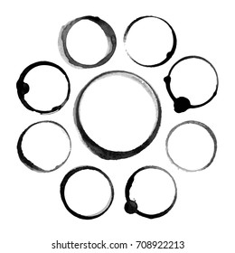 Set of abstract black ink stain circles