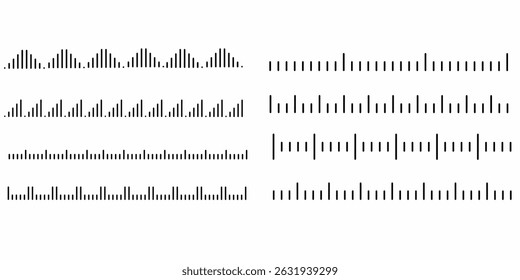 A set of abstract black line patterns in various waveforms and geometric sequences on a white background. Ideal for sound wave visuals, modern technology designs, or minimalist graphic compositions.