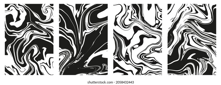 Set of abstract black marble or epoxy textures on a white background. Prints with Graphic Stylish Liquid Ink Stains. Trendy backgrounds for cover designs, invitations, case, wrapping paper.