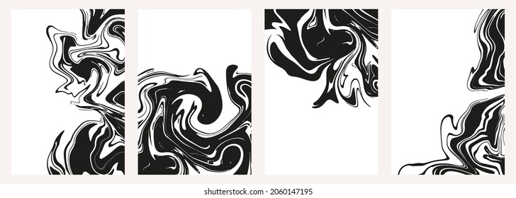 Set of abstract black marble or epoxy textures on a white background. Prints with Graphic Stylish Liquid Ink Stains. Trendy backgrounds for cover designs, invitations, case, wrapping paper.