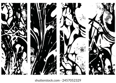 Set of abstract black marble or epoxy textures on a white background. Prints with Graphic Stylish Liquid Ink Stains. Trendy backgrounds for cover designs Black and white Abstract art.