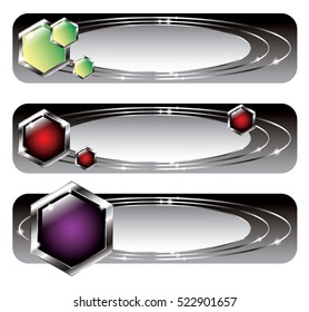 Set of abstract black, purple, red, and green geometric banners with silver elements, with space for your text. Vector illustration, on transparent background