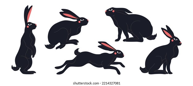 Conjunto de conejos negros abstractos con mejillas y ojos rojos. Símbolo chino de Año Nuevo 2023. Silueta negra de conejo de Pascua, liebre mística, astrológica, botánica, esotérica. Ilustración vectorial dibujada a mano.