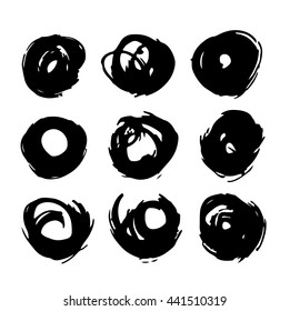 set of abstract black round random vector brush strokes