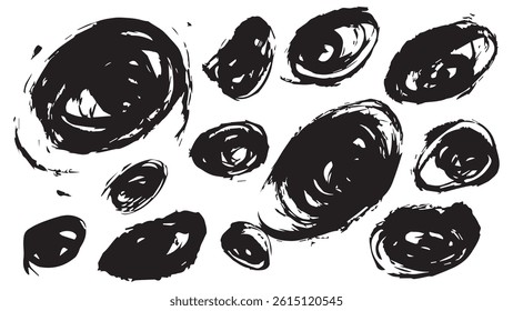 Set abstract black scribbles hand drawn ink sketch, confused thoughts concept, black tunnel in the form of doodle, black circular lines spiral logo, chaos and mess line circle, black hole space