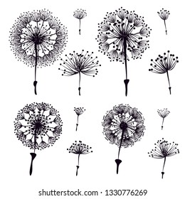 Set of abstract black silhouette dandelion element isolated on white background