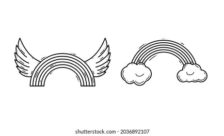 Set Abstract Black Simple Collection Line Rainbow With Clouds And Wings Doodle Outline Element Vector Design Style Sketch Isolated On White Background Illustration Magic Nature