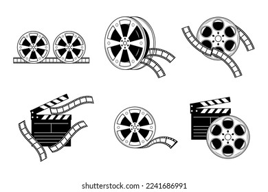 Set Abstrakte Schwarze einfache Linie Klapperboard und Film Reel Filmfilm Video Doodle Umrisslinie Element Vektordesign Skizze isolierte Illustration