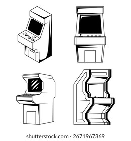 Conjunto Abstractas Negro Línea Simple Old Arcade Machine Juegos Jugar Doodle Outline Elemento Diseño De Vector Estilo Sketch Aislado Sobre Fondo Blanco Ilustración