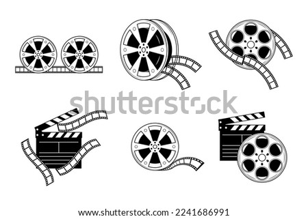 Set Abstract Black Simple Line Clapperboard And Film Reel Movie Cinema Film Video Doodle Outline Element Vector Design Style Sketch Isolated Illustration