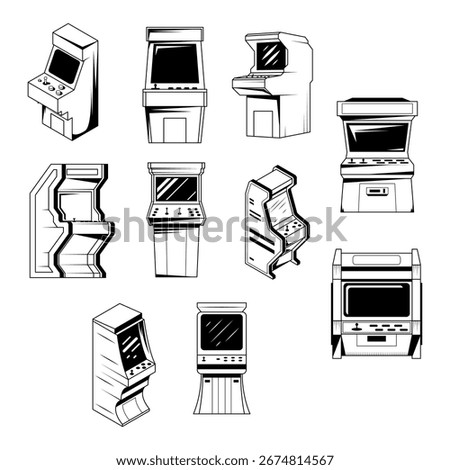 Set Abstract Black Simple Line Old Arcade Machine Games Play Doodle Outline Element Vector Design Style Sketch Isolated On White Background Illustration