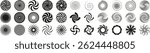 Set of abstract black spirals, vortexes, and swirl shapes perfect for dynamic designs and optical illusion effects on transparent background. Vector EPS 10