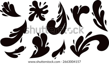 Set of abstract black splash shapes and drop icons with curved motion. Bold dynamic liquid symbols