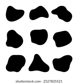 A set of abstract black spots of spilled liquid, vector. Silhouette of a flat dropped drop of ink isolated on a white background. Decorative element background for design with text, decoration.