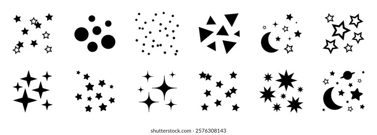 Set of abstract black star, moon, and circle patterns. Includes various star shapes, crescent moons, and circles. Ideal for decorative design elements. Sparkles element vector set.