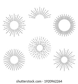 Set abstrakter schwarzer Sonnenbrand. Vektorgrafik mit schwarzer Linie, einzeln auf weißem Hintergrund. 