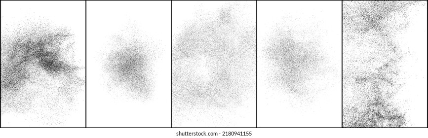 Conjunto de textura negra abstracta. Textura granulada oscura sobre fondo blanco. El polvo sobrante texturado. Partículas de ruido de grano. Elementos de diseño gruesos. Ilustración del vector, EPS 10.