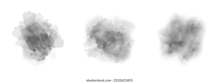 Set of abstract black watercolor water splash on a white background. Vector watercolour texture in salad color. Ink paint brush stain. Black splatters spot. Watercolor pastel splash