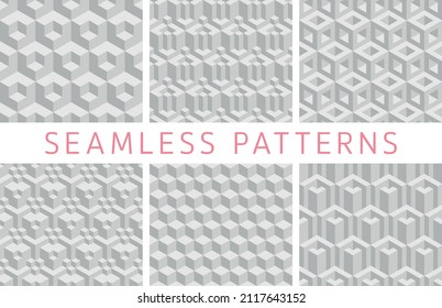 Ensemble de motifs géométriques harmonieux abstraits en noir et blanc 3d. cubes hexagonaux isométriques, illusion d'optique, arrière-plan moderne en couleur grise neutre.