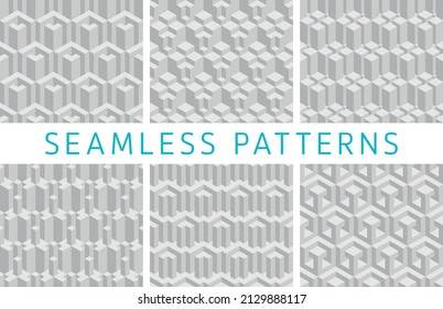 Set of abstract black and white 3d geometric seamless patterns. Isometric hexagonal cubes optical illusion modern background in neutral grey color.